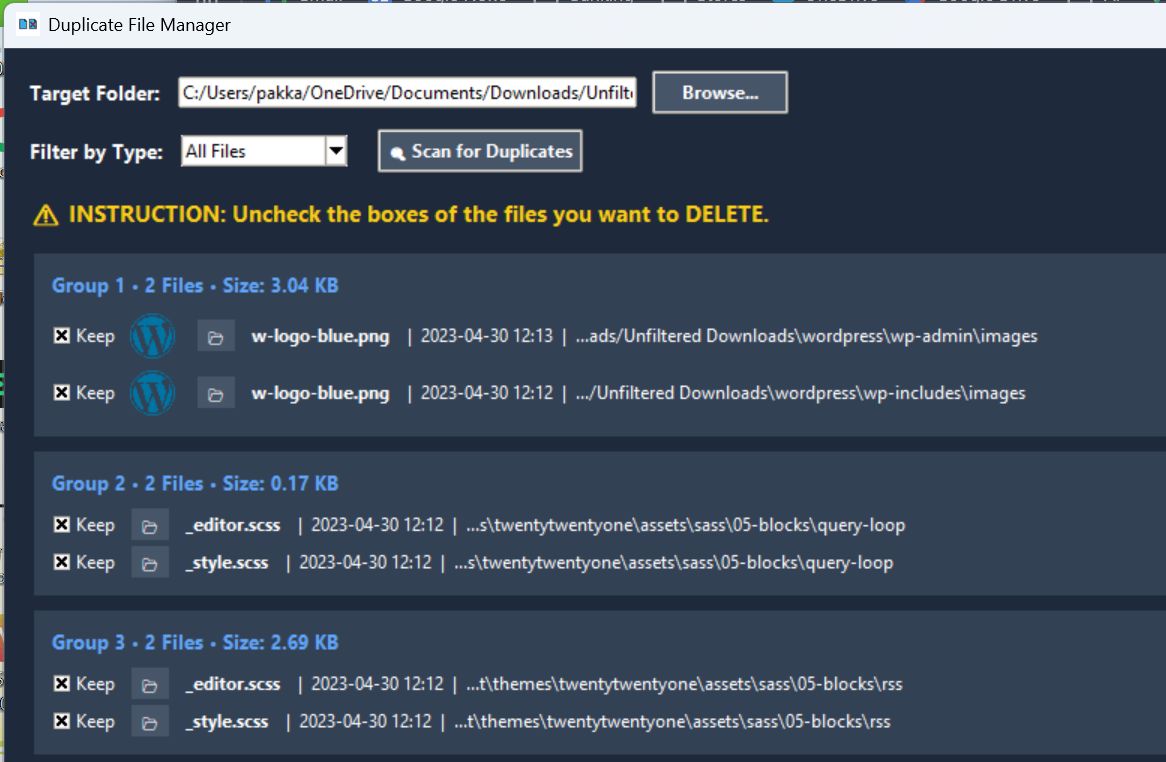 Duplicate File Manager Search Results
